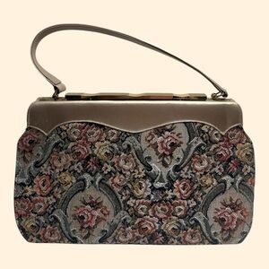 Vintage 1950s–1960s Floral Tapestry Handbag with Taupe  faux Leather Trim
